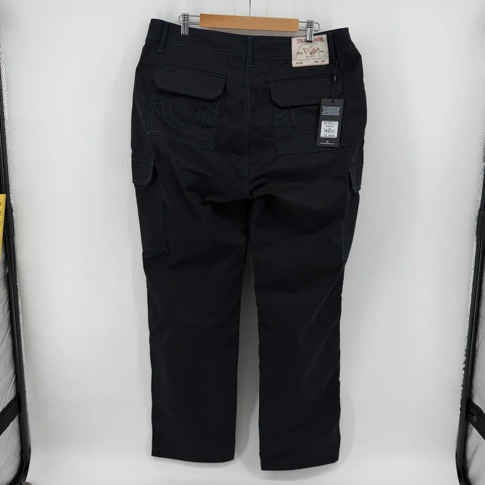 True Religion Mens Cargo Pants 36x32 Black Pacific Blue Contrast Stitch 108335